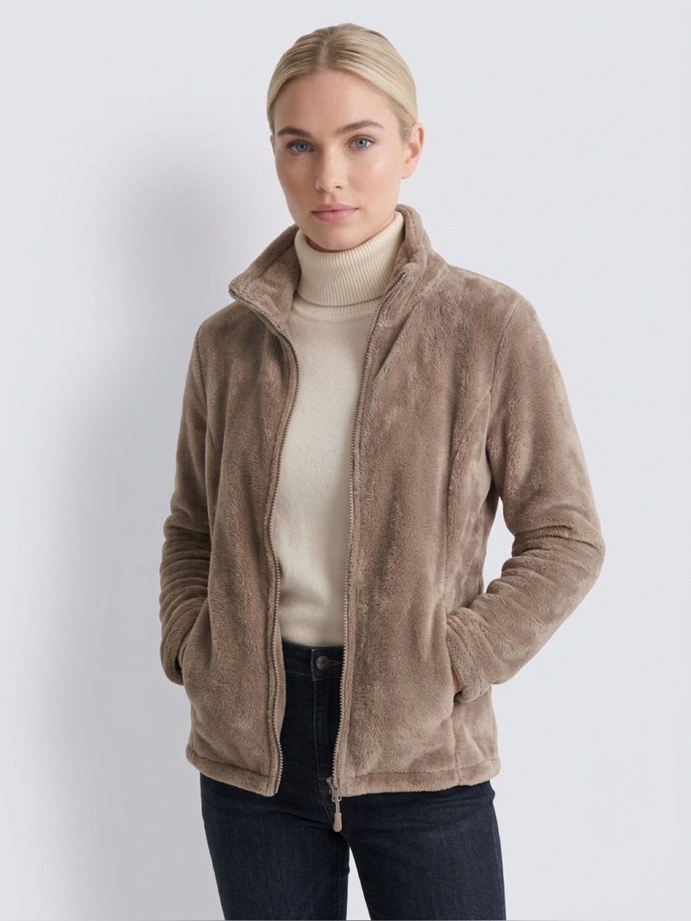 Cozy Taupe Faux Fur Zip-Up Jacket